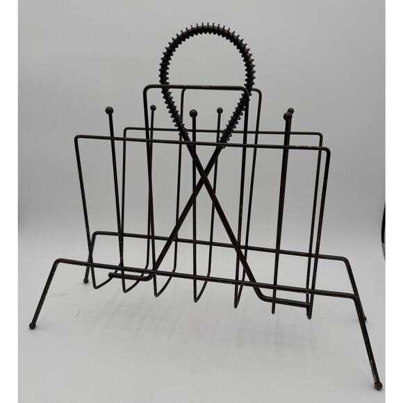 Vintage MCM mid century modern 50s Black Metal Wire Magazine Record Rack Atomic - Picture 6 of 7